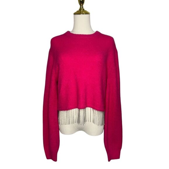 House of Harlow Women’s Medium Fuchsia Pink Sweater Rhinestone Detail Cropped - Picture 1 of 7